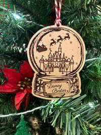 Image 1 of Personalized Mickey Santa Castle Globe Wood Ornament, Stocking, or Gift Tag
