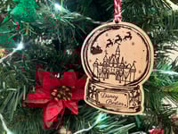 Image 3 of Personalized Mickey Santa Castle Globe Wood Ornament, Stocking, or Gift Tag