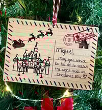 Image 3 of Personalized Wood Mickey Santa Castle Postcard Ornament