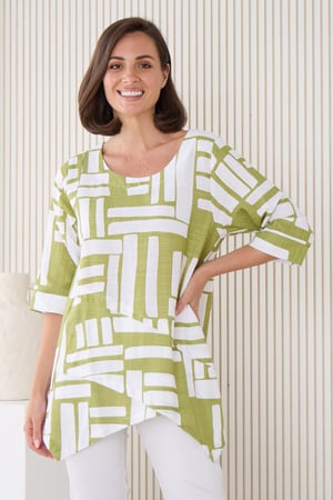 Image of Asymmetrical Linen/Cotton Top - Lime Stripe