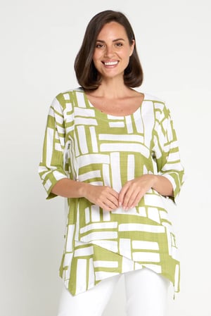 Image of Asymmetrical Linen/Cotton Top - Lime Stripe