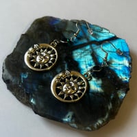 Image 2 of Silver Sun and Moon Earrings with Green Gem