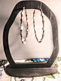 Image 6 of Orchid White, Leaf Green, Purple, Lavender, and Copper Multicolor Beaded Extra Large Hoop Earrings