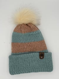 Image 2 of Striped Beanie with Faux Fur Pom Pom 