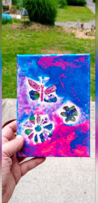 Image 1 of Pink and blue butterfly and flowers Spring time paint pour artwork 