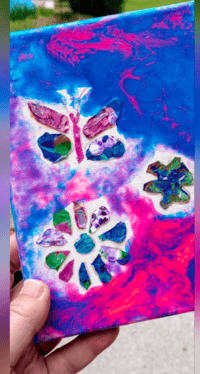 Image 2 of Pink and blue butterfly and flowers Spring time paint pour artwork 