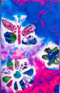 Image 3 of Pink and blue butterfly and flowers Spring time paint pour artwork 