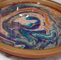 Image 1 of Unique and beautiful yellow and blue paint pour art on ceramic dish