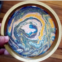 Image 2 of Unique and beautiful yellow and blue paint pour art on ceramic dish