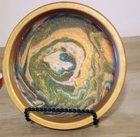 Image 3 of Unique and beautiful yellow and blue paint pour art on ceramic dish