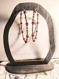 Image 6 of Cherry Red, Orange, Burgundy, Lime Green, and Amber Multicolor Beaded Extra Large Hoop Earrings