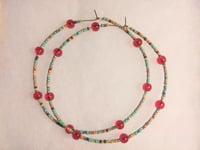 Image 8 of Cherry Red, Orange, Burgundy, Lime Green, and Amber Multicolor Beaded Extra Large Hoop Earrings
