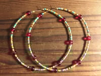 Image 4 of Cherry Red, Orange, Burgundy, Lime Green, and Amber Multicolor Beaded Extra Large Hoop Earrings