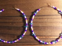 Image 3 of Sky Blue, Carnation Pink, Lavender, Dark Blue, and Gold Multicolor Beaded Extra Large Hoop Earrings