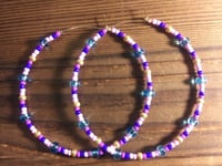Image 4 of Sky Blue, Carnation Pink, Lavender, Dark Blue, and Gold Multicolor Beaded Extra Large Hoop Earrings