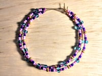 Image 1 of Sky Blue, Carnation Pink, Lavender, Dark Blue, and Gold Multicolor Beaded Extra Large Hoop Earrings