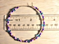 Image 2 of Sky Blue, Carnation Pink, Lavender, Dark Blue, and Gold Multicolor Beaded Extra Large Hoop Earrings