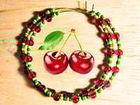 Image 1 of Cherry Themed Hoop Earrings in Red and Green Multicolor, Beaded Extra Large Hoop Earrings