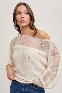 Image 1 of BOAT NECK LACE TRIMMED KNIT SWEATER -  MID FEB 