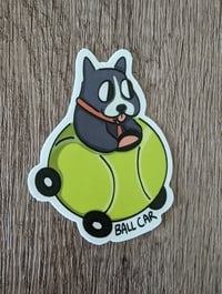 Image 1 of Dog in a Tennis Ball Car - Cute Boston Terrier Richard Scarry Inspired Vinyl Sticker