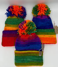 Image 2 of Rainbow Striped Knit Hat with Pom Pom 