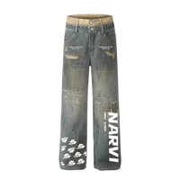 Image 1 of WOMENS PURPLE CLOUD + NARVI FLOTIN P2  DOUBLE WAIST STRAIGHT LEG DISTRESSED JEANS 