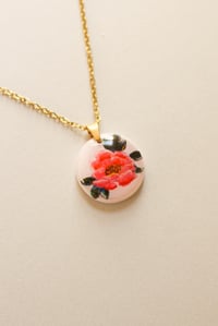Image 2 of Pink Peony Floral Garden and Gold Foil Polymer Clay Painted Necklace Delicate Pendant Gold Plated...