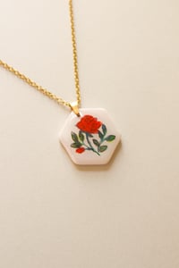 Image 1 of Red Rose Floral Garden and Gold Foil Polymer Clay Painted Necklace Delicate Pendant Gold Plated S...