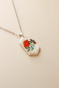 Image 1 of Red Rose Floral Garden and Gold Foil Polymer Clay Painted Necklace Delicate Pendant Gold P-58909703