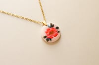 Image 1 of Pink Peony Floral Garden and Gold Foil Polymer Clay Painted Necklace Delicate Pendant Gold Plated...