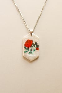 Image 2 of Red Rose Floral Garden and Gold Foil Polymer Clay Painted Necklace Delicate Pendant Gold P-58909703