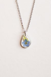 Image 2 of Real Pressed Flower Blue Forget Me Not Delicate Leaves Hawthorn Stainless Steel Frame Necklace Re...