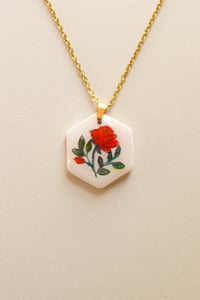 Image 2 of Red Rose Floral Garden and Gold Foil Polymer Clay Painted Necklace Delicate Pendant Gold Plated S...