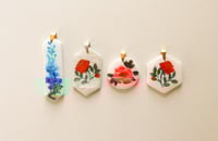Image 3 of Pink Peony Floral Garden and Gold Foil Polymer Clay Painted Necklace Delicate Pendant Gold Plated...