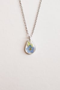 Image 3 of Real Pressed Flower Blue Forget Me Not Delicate Leaves Hawthorn Stainless Steel Frame Necklace Re...
