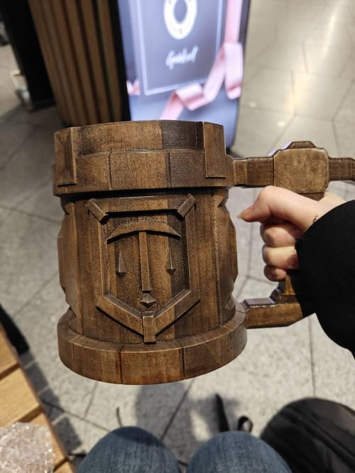 Image of Deep Rock Galactic wooden beer mug, steel inside, gamers gift
