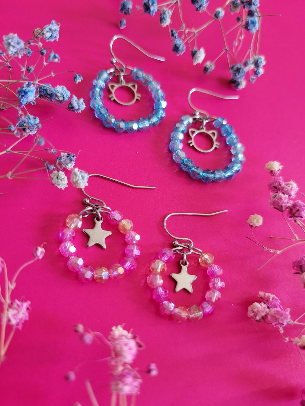 Image of "Kitty Star" Blue & Pink Hoop Set
