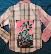 Image 1 of Beetlejuice mismatched patch flannel, size small