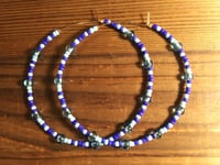 Image 4 of Aqua Blue and Sapphire Blue Multicolor Beaded Extra Large Hoop Earrings