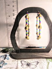 Image 5 of Rainbow Blue, Yellow, Orange, Green, and Gold Multicolor Beaded Large Hoop Earrings