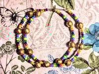 Image 9 of Rainbow Blue, Yellow, Orange, Green, and Gold Multicolor Beaded Large Hoop Earrings