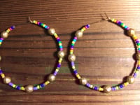 Image 3 of Rainbow Blue, Yellow, Orange, Green, and Gold Multicolor Beaded Large Hoop Earrings