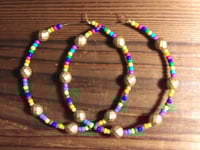 Image 4 of Rainbow Blue, Yellow, Orange, Green, and Gold Multicolor Beaded Large Hoop Earrings