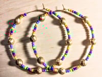 Image 1 of Rainbow Blue, Yellow, Orange, Green, and Gold Multicolor Beaded Large Hoop Earrings