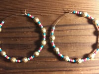 Image 3 of Rainbow Light Blue, Red, Orange, Ocean Blue, and Gold Multicolor Beaded Large Hoop Earrings