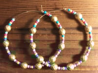 Image 4 of Rainbow Light Blue, Red, Orange, Ocean Blue, and Gold Multicolor Beaded Large Hoop Earrings