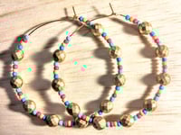 Image 1 of Rainbow Light Blue, Red, Orange, Ocean Blue, and Gold Multicolor Beaded Large Hoop Earrings