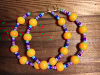 Image 4 of Daisy Orange, Sapphire Blue, Ocean Blue, and Red Multicolor Beaded Medium Hoop Earrings