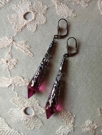 Image 2 of Vamp Ornate Pointed Earrings, Cerise & Gunmetal, Pierced or Clip On