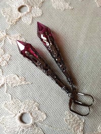 Image 7 of Vamp Ornate Pointed Earrings, Cerise & Gunmetal, Pierced or Clip On